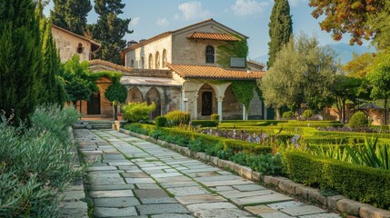 Obraz premium Tranquil Garden Pathway Leading to Charming Historic Mansion