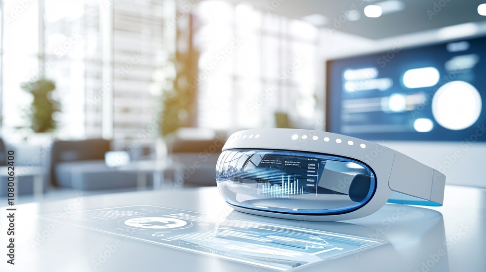 Poster interactive digital mockup template with a virtual reality headset placed on a table, with screens d