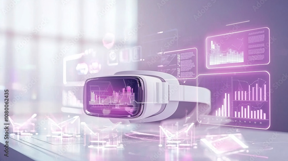 Poster interactive digital mockup template with a virtual reality headset placed on a table, with screens d