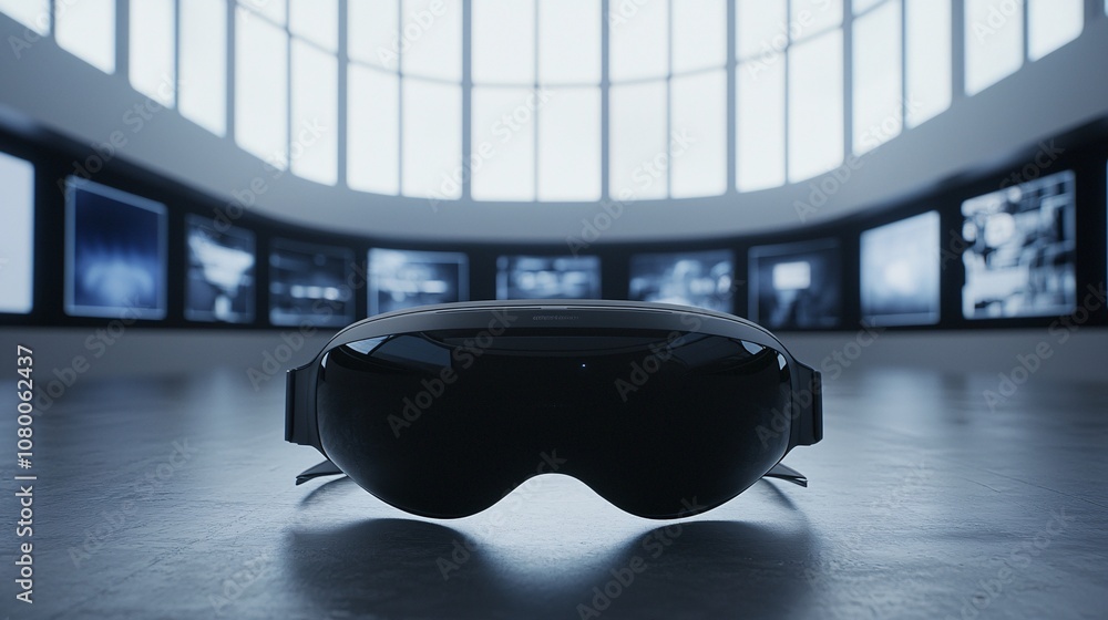 Poster interactive digital mockup template with a virtual reality headset placed on a table, with screens d