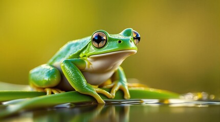 Obraz premium Vibrant green tree frog on leaf with water reflection under soft light