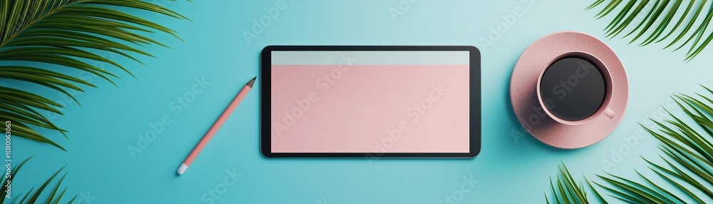 Poster digital mockup template for a web page preview on a tablet screen in a bright, minimalist setting