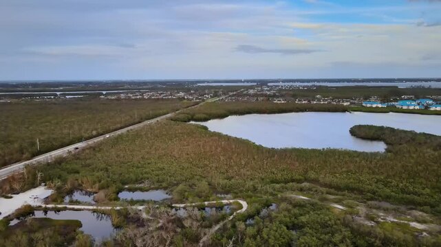 Aerial of Perico Island in Florida, located between Bradenton and Anna Maria Island, featuring Manatee Avenue.