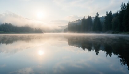 Fototapeta premium Misty lake landscape with sunrise and forest reflection