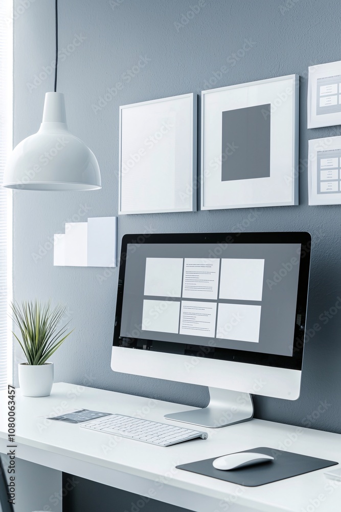 Poster modern portfolio template with sleek computer screens on a creative office desk for showcasing desig