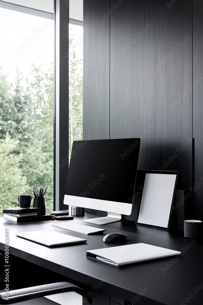 Poster modern portfolio template with sleek computer screens on a creative office desk for showcasing desig