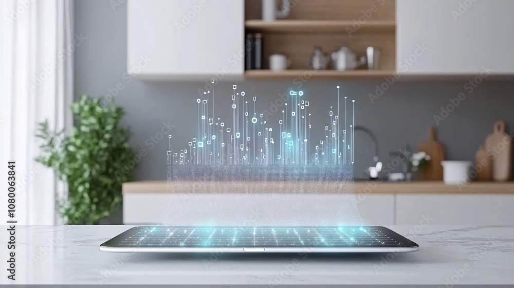 Poster interactive digital template with a virtual touch screen hovering above a desk, for futuristic user 