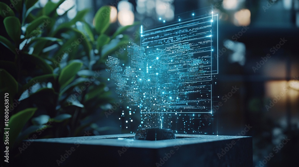 Poster interactive digital template with a virtual touch screen hovering above a desk, for futuristic user 