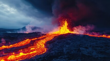 Volcanic eruption with flowing lava against a dramatic cloudy sky.