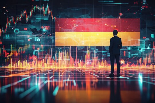germany economy and finance . a businessman standing in front of a digital trading platform, economic growth, stock market chart, investment trends global challenges and opportunities.	
