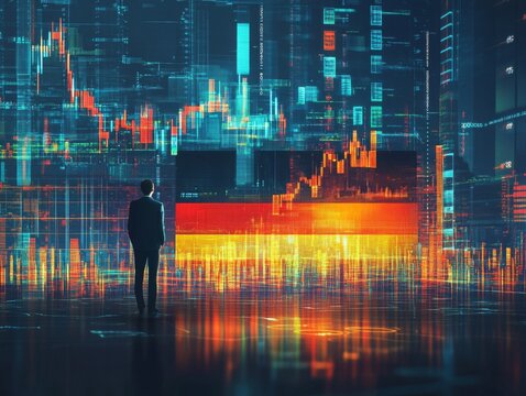 germany economy and finance . a businessman standing in front of a digital trading platform, economic growth, stock market chart, investment trends global challenges and opportunities.