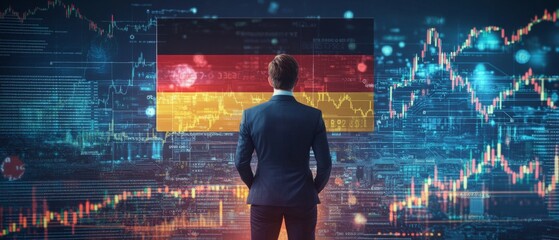 germany economy and finance . a businessman standing in front of a digital trading platform, economic growth, stock market chart, investment trends global challenges and opportunities.	
