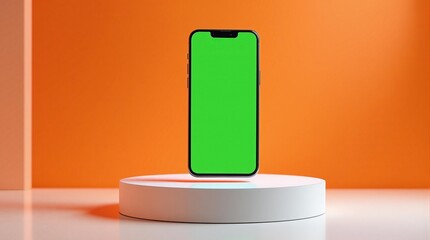 Smartphone with green screen on white pedestal against vibrant orange background