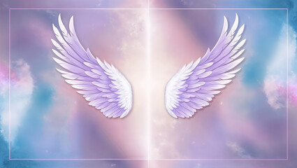 Fototapeta premium Beautiful lavender angel wings on dreamy pastel background sky