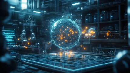Fototapeta premium A digital rendering of a virus model in a futuristic lab.