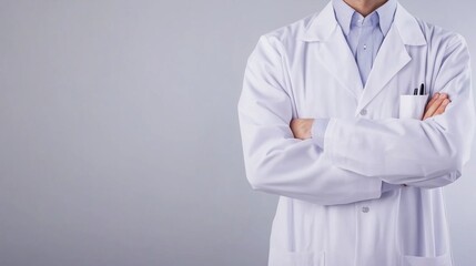 Healthcare professional in a lab coat confidently posing with arms crossed against a plain background