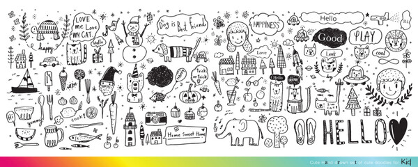 Collection of hand drawn cute doodles,Doodle children drawing,Sketch set of drawings in child style,Funny Doodle Hand Drawn,Page for coloring, cute animal hand drawn, cute Doodle