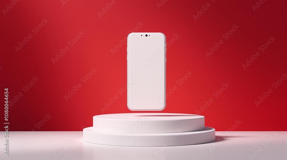 Poster minimalistic smartphone display on red background with floating design concept