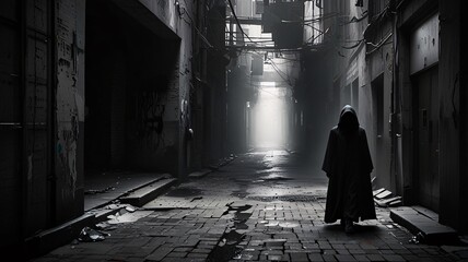 A glitchy outré dimensional drifter, fragments of reality shifting around them in a disjointed dance of chaos and order. The main subject appears to be a hooded figure standing in a crumbling alleyway