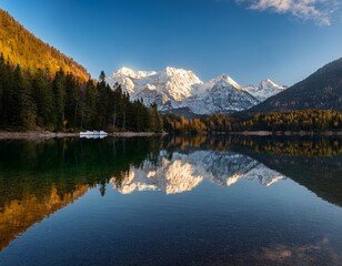 Fototapeta premium Crystal Clear Waters of a Mountain Lake Reflecting Towering Snow-Capped Peaks, Surrounded by Dense Pine Forests and Captured at Sunset for a Stunning Landscape Scene