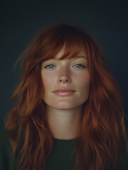 Naklejka premium A close-up portrait of a model with striking copper red hair, featuring vibrant orange-red hues that stand out against a dark backdrop