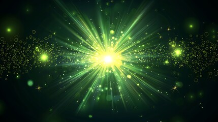 Fototapeta premium Asymmetric green light burst with yellow-green rays on dark background.