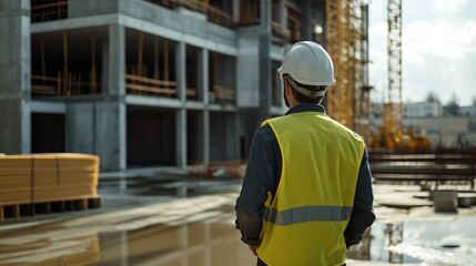 Construction worker assessing building progress on a site in the afternoon light with cranes and materials nearby