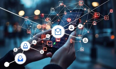 Hands Holding Smartphone with Digital Connections, Icons and Notifications Representing Technology, Communication, and Data Exchange in Urban Environment - Powered by Adobe