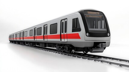 Naklejka premium A long, light gray train with red accents is on train tracks.