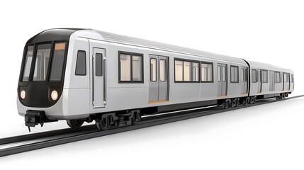 Naklejka premium A long, light gray train with red accents is on train tracks.