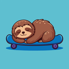 Cute Sloth Sleeping On Skateboard Flat Cartoon Style Animal sport Icon Isolated Illustration