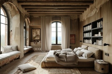 modern Luxury Rustic Italian-inspired bedroom with natural materials and warm tones