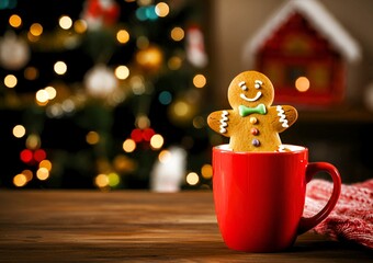 Fototapeta premium Holiday Cheer Gingerbread Man in Cup on Wooden Table Christmas Season