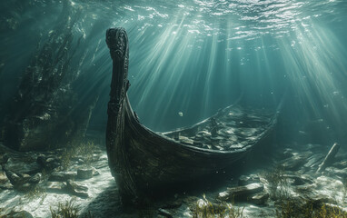 Underwater viking artefacts, sculpture, drakkar ship, archaeology