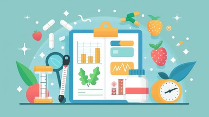 Health and Wellness Illustration with Nutrition and Medical Elements