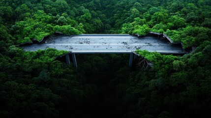 Fototapeta premium A bridge partially collapsed into a dense green forest.