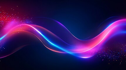 Abstract glowing particles moving along a smooth fluid path in electric neon colors.