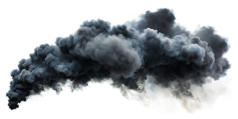 An isolated black smoke cloud on a white background illustrates abstract concepts. This dramatic imagery captures creative photography and artistic expression, emphasizing nature's fury in minimalism.