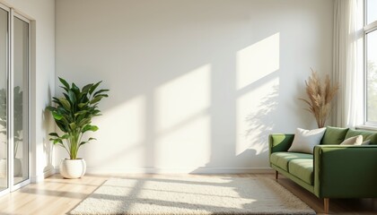 Fototapeta premium Modern Living Room with Green Sofa and Lush Potted Plant Decor.