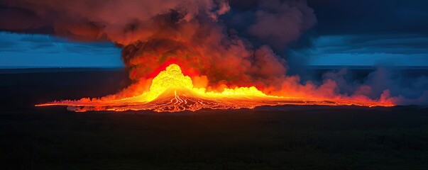 Fototapeta premium Erupting volcano at dusk, glowing lava, dramatic sky, nature's raw power.