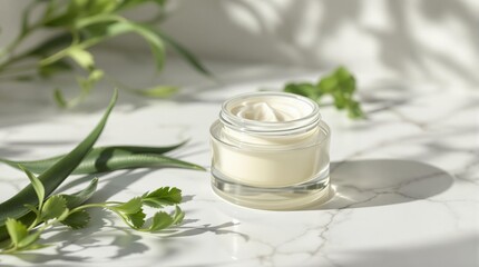 Natural skincare cream on marble with green plants and sunlight shadows