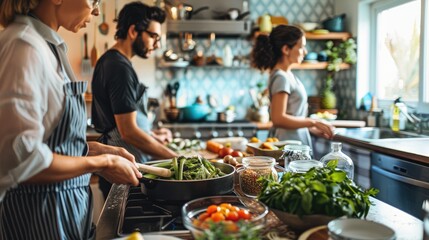 Fototapeta premium Diverse Group of Friends Cooking Together in Modern Kitchen