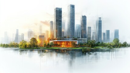 Obraz premium Modern cityscape with skyscrapers and serene water reflection.