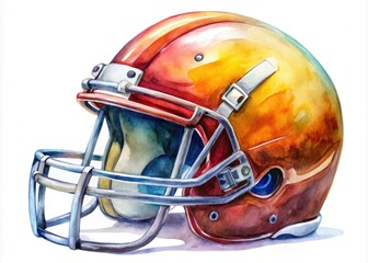 Fototapeta premium Artistic watercolor sketch of a football helmet on white, showcasing rich colors and unique design, perfect for football enthusiasts seeking vibrant sports art.