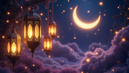 Fototapeta premium Exquisite Lanterns Hanging From Chain in a Dreamlike Night Scene