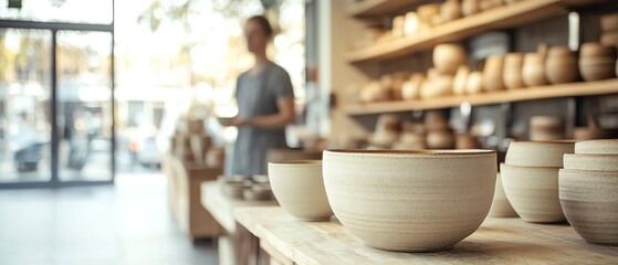 Naklejka premium Minimalist pottery shop display, natural tones with handcrafted ceramics, owner blurred in the background