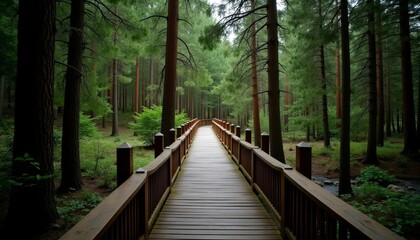 Exploring the tranquility of the forest on a wooden path