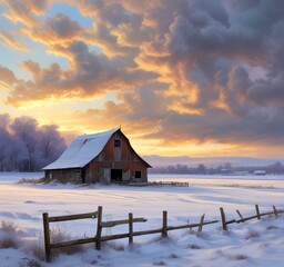 Illustration of barn with winter landscape.
