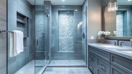 A modern bathroom featuring a spacious walk-in shower with unique tile patterns and high-end fixtures, isolated