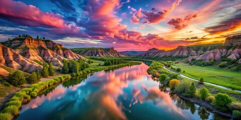 Fototapeta premium At dusk, surreal scenery emerges with pink clouds drifting over green cliffs, as a tranquil blue river flows gently, enveloped in alluring low light beauty.